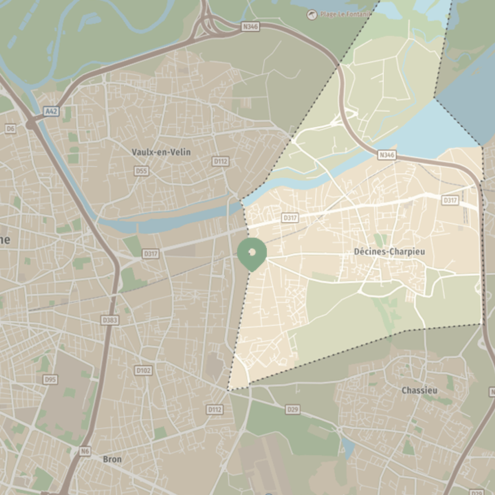 Carte de Décines-Charpieu avec localisation BSI Robinetterie pour plombiers et chauffagistes