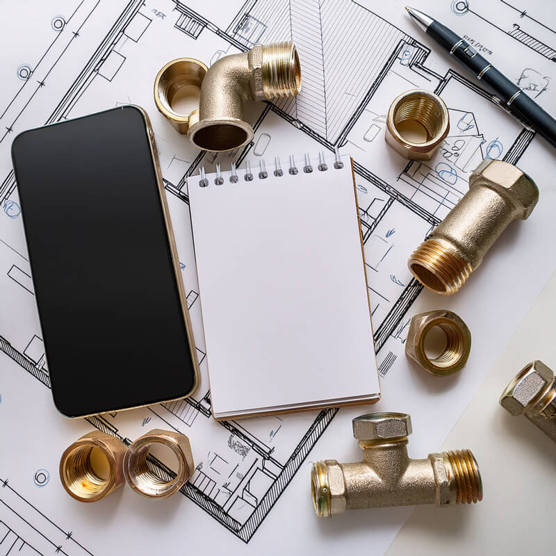 Un téléphone, un bloc note et accessoires de robinetterie générale sur un plan de maison. Contacter nous.