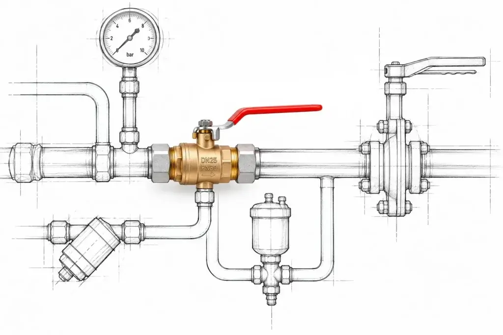 Croquis d'un circuit de plomberie avec vannes et accessoires